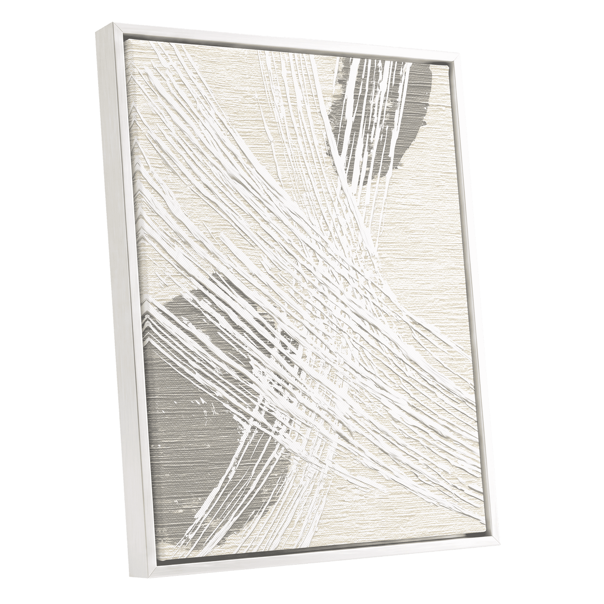 Grey Crosshatch Abstract: white-framed textured canvas with sweeping white crosshatched lines over cream and grey geometric brushwork, shown at a three-quarter angle.