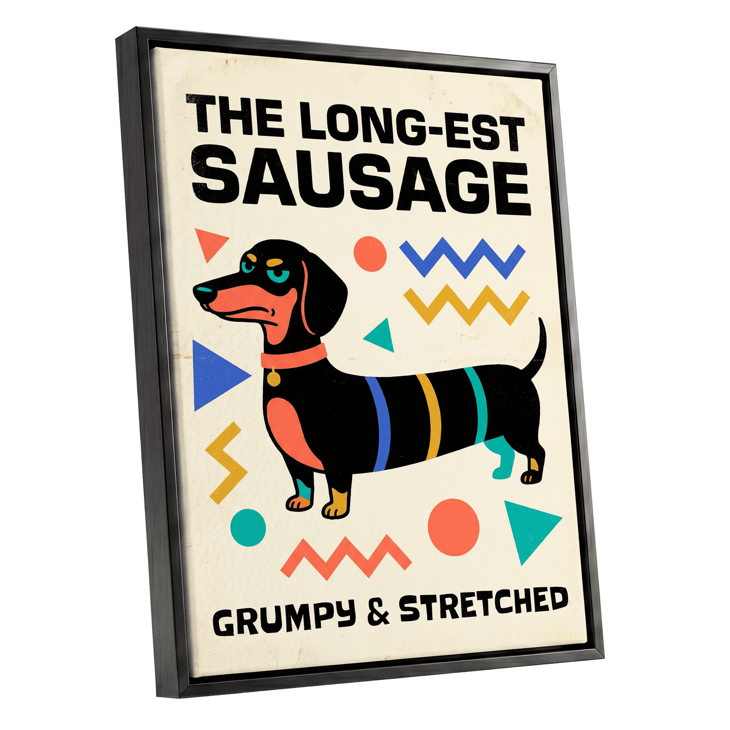 Grumpy & Stretched, beige, black, blue minimalist wall art shown as a black framed canvas wall art