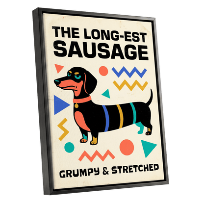 Grumpy & Stretched, beige, black, blue minimalist wall art shown as a black framed canvas wall art