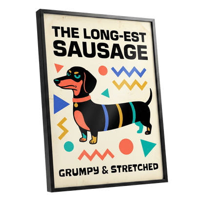Grumpy & Stretched, beige, black, blue minimalist wall art shown as a black framed poster wall art print