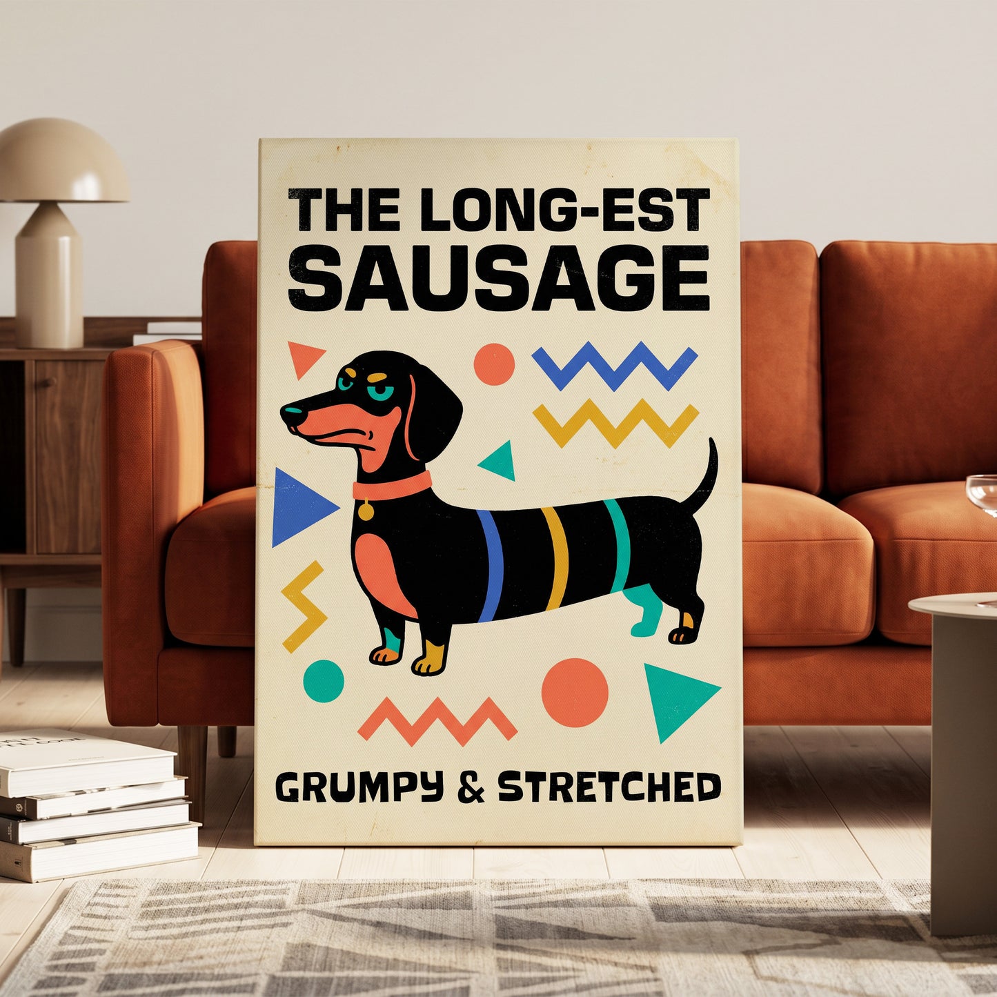 Grumpy & Stretched, beige, black, blue minimalist wall art on canvas displayed in a styled interior, gallery view 1