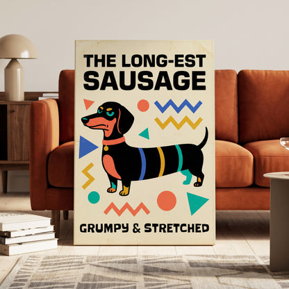 Grumpy & Stretched, beige, black, blue minimalist wall art on canvas displayed in a styled interior, gallery view 1