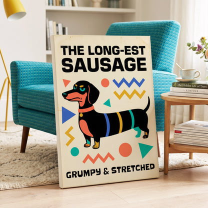 Grumpy & Stretched, beige, black, blue minimalist wall art on canvas displayed in a styled interior, gallery view 2