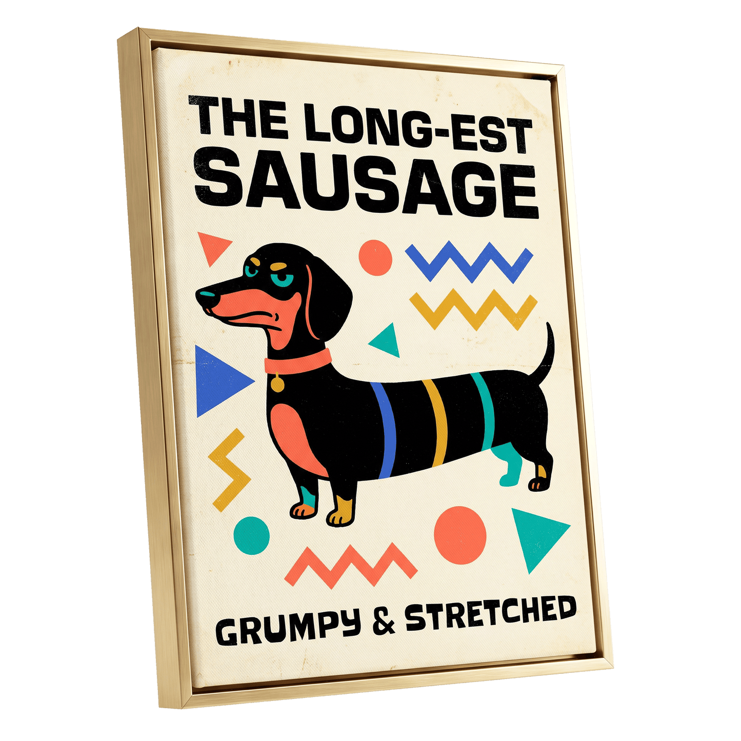 Grumpy & Stretched, beige, black, blue minimalist wall art shown as a gold framed canvas wall art