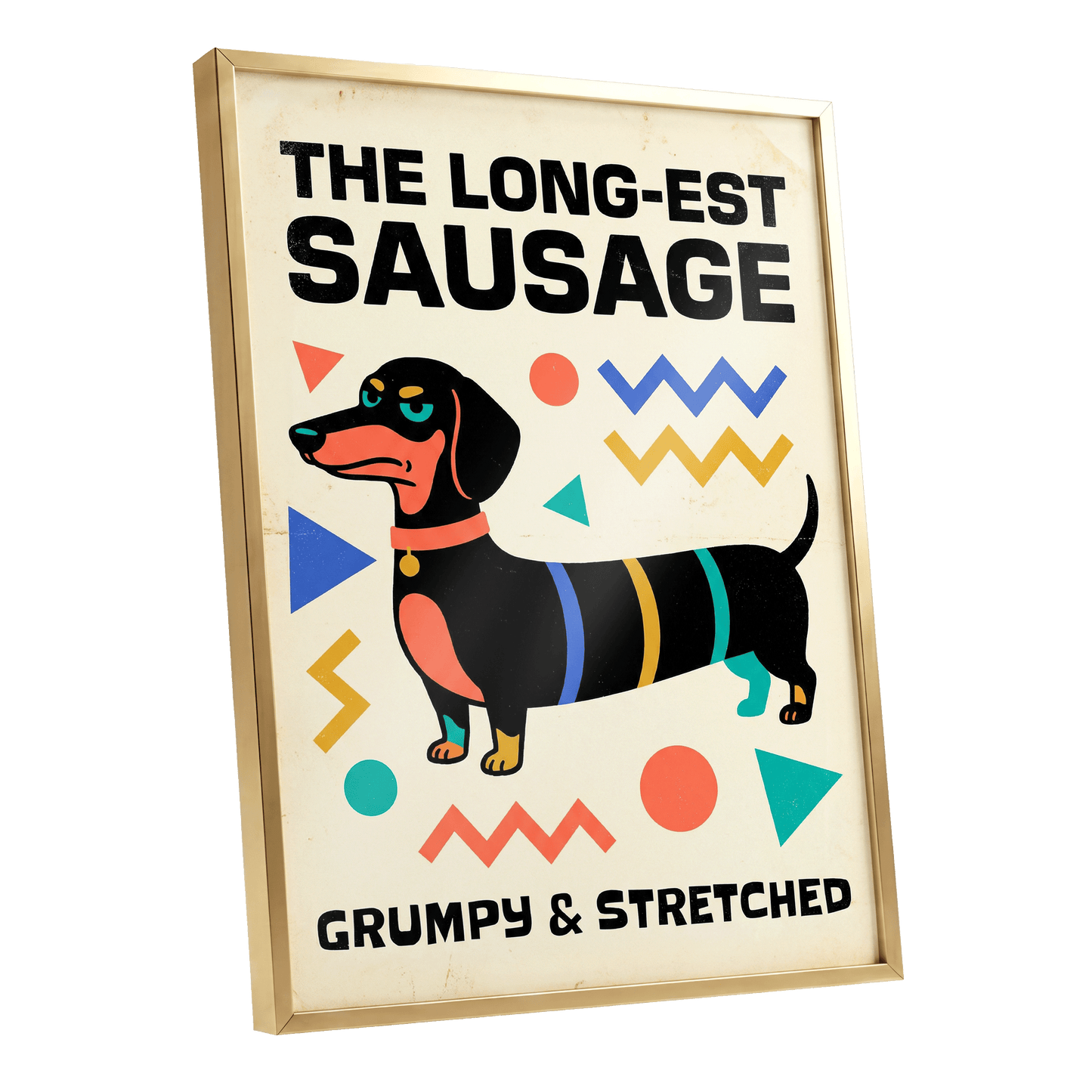 Grumpy & Stretched, beige, black, blue minimalist wall art shown as a gold framed poster wall art print