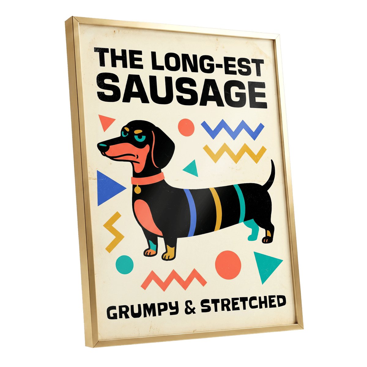 Grumpy & Stretched, beige, black, blue minimalist wall art shown as a gold framed poster wall art print