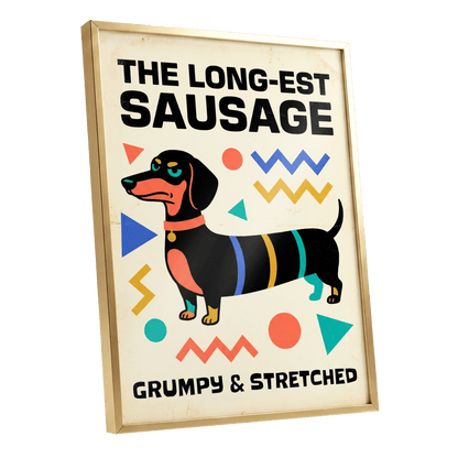 Grumpy & Stretched, beige, black, blue minimalist wall art shown as a gold framed poster wall art print
