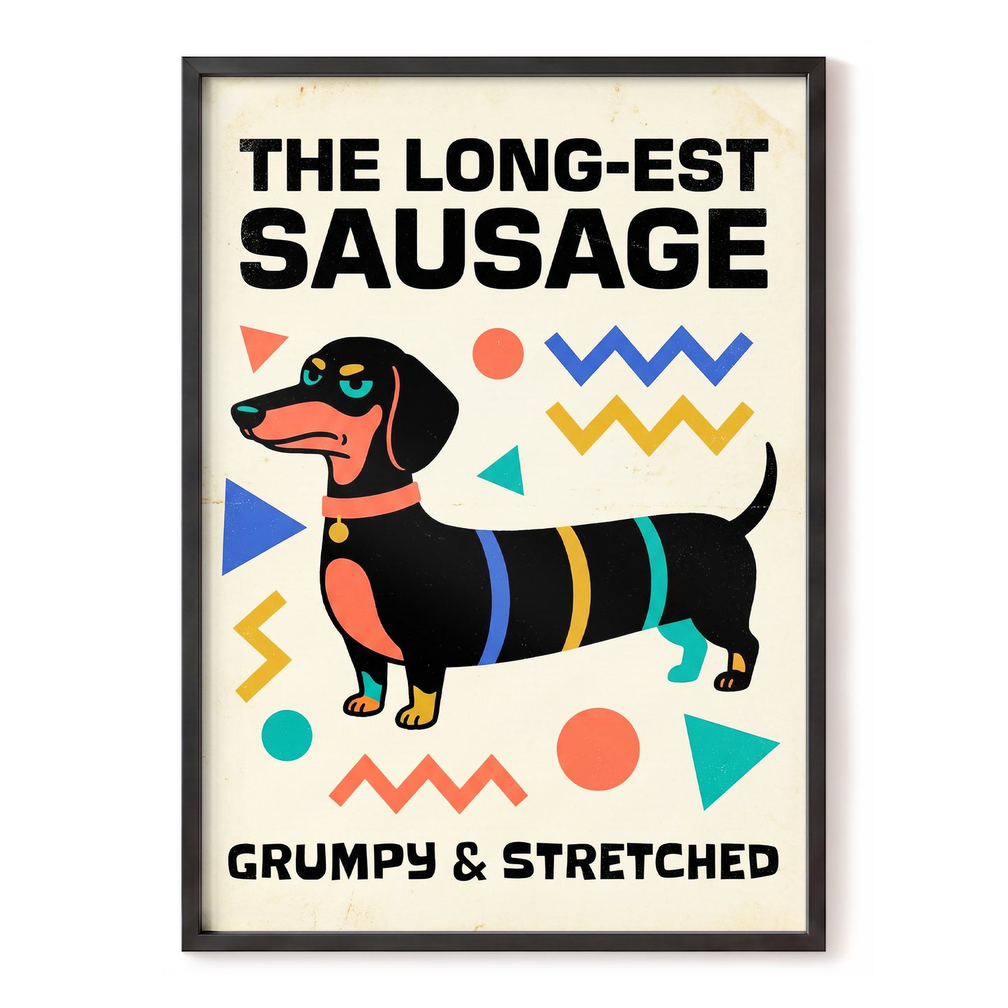Grumpy & Stretched, beige, black, blue minimalist wall art, front artwork view