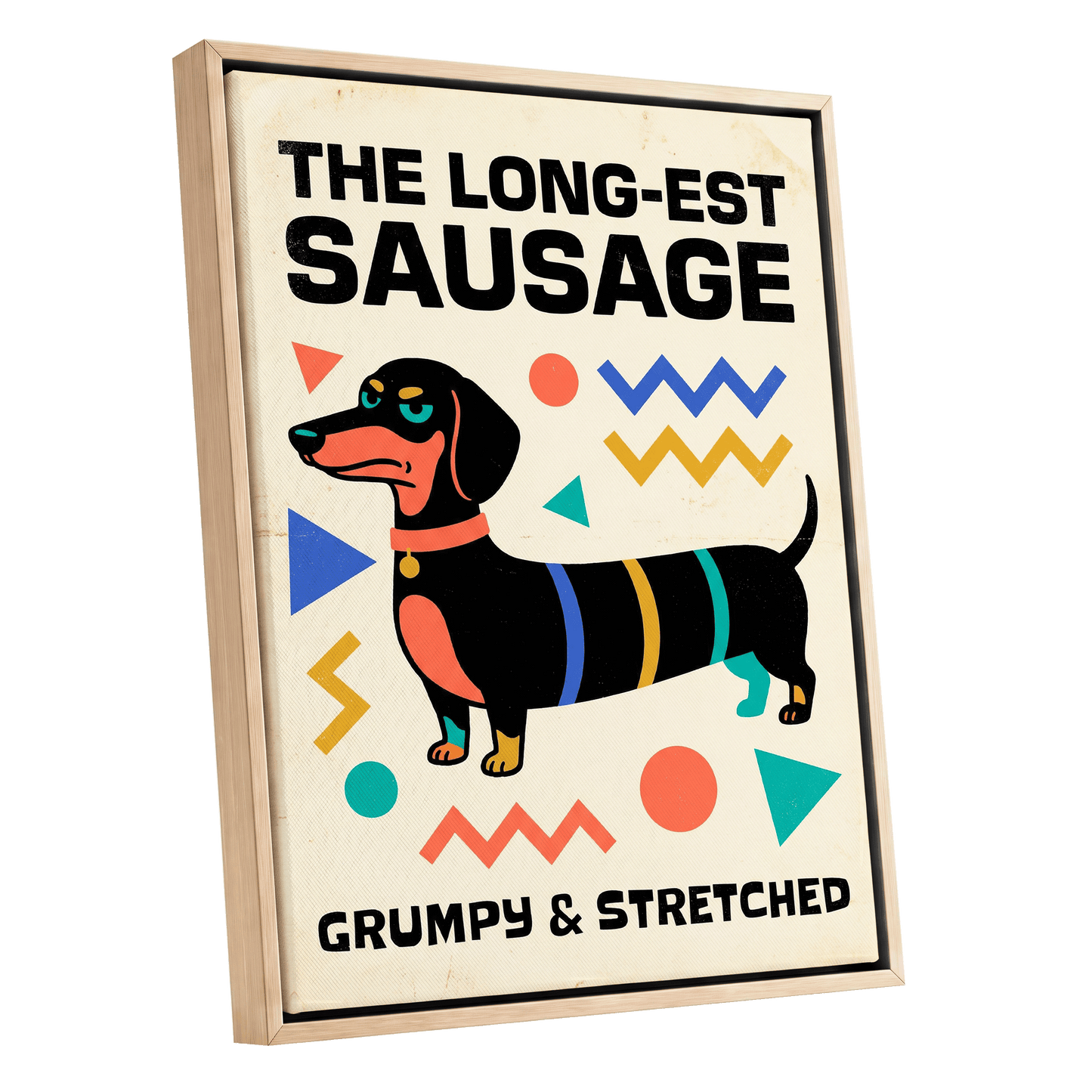 Grumpy & Stretched, beige, black, blue minimalist wall art shown as a oak framed canvas wall art