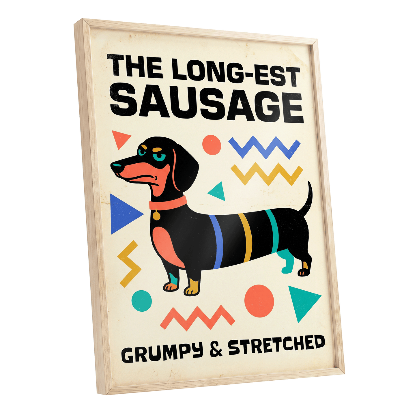 Grumpy & Stretched, beige, black, blue minimalist wall art shown as a oak framed poster wall art print