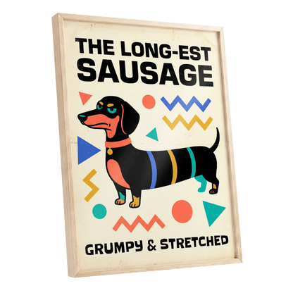 Grumpy & Stretched, beige, black, blue minimalist wall art shown as a oak framed poster wall art print