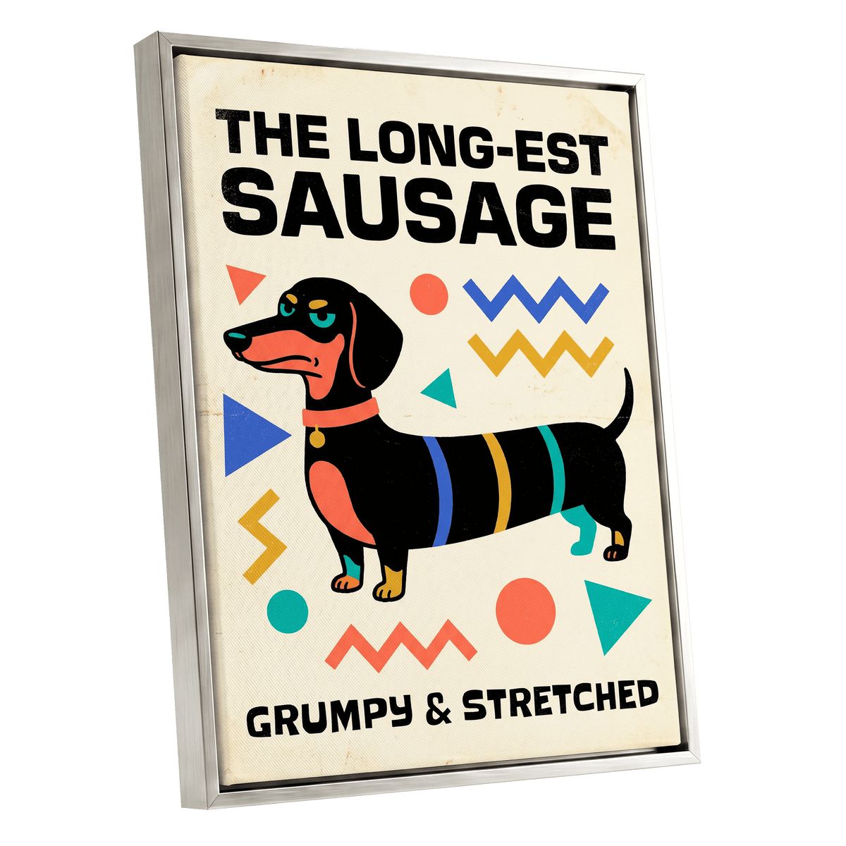 Grumpy & Stretched, beige, black, blue minimalist wall art shown as a silver framed canvas wall art
