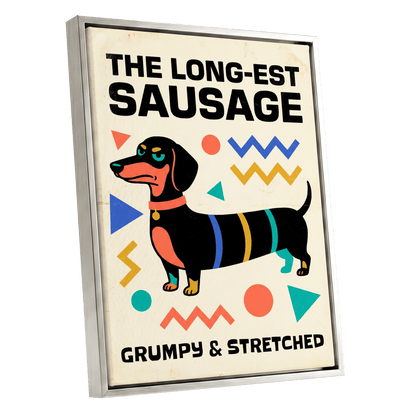 Grumpy & Stretched, beige, black, blue minimalist wall art shown as a silver framed canvas wall art