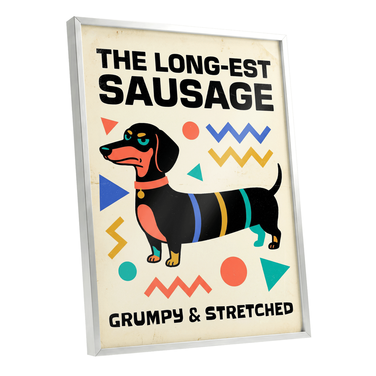 Grumpy & Stretched, beige, black, blue minimalist wall art shown as a silver framed poster wall art print