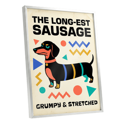 Grumpy & Stretched, beige, black, blue minimalist wall art shown as a silver framed poster wall art print