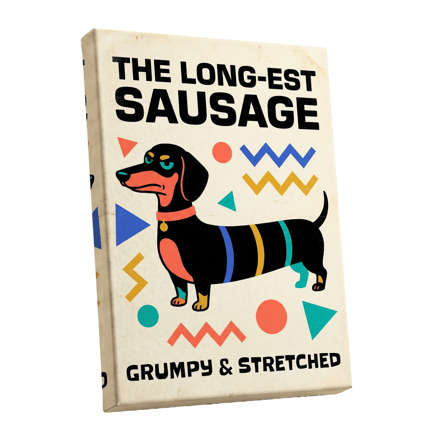 Grumpy & Stretched, beige, black, blue minimalist wall art shown as a stretched canvas wall art