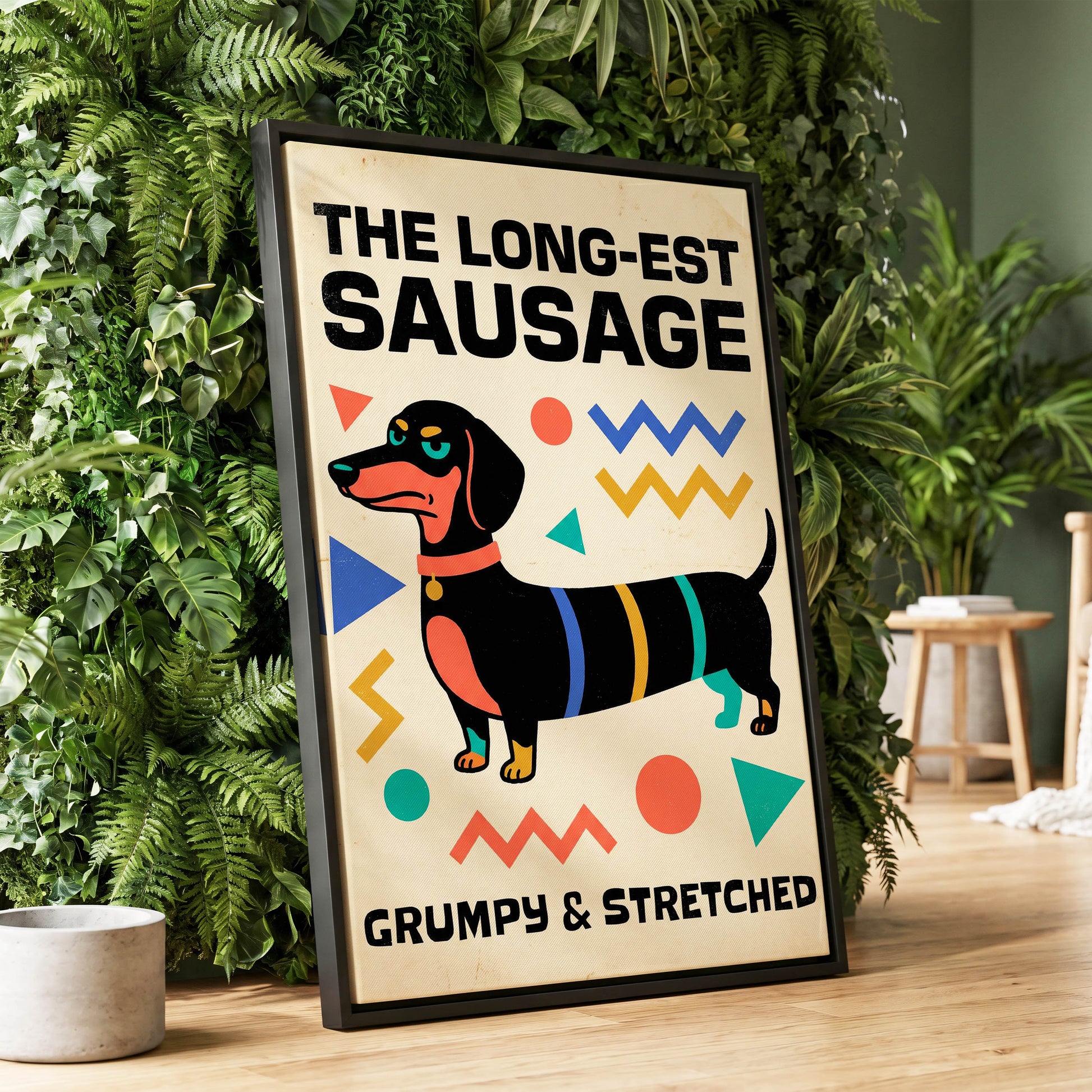 Grumpy & Stretched, beige, black, blue minimalist wall art displayed in a styled interior, gallery view 1