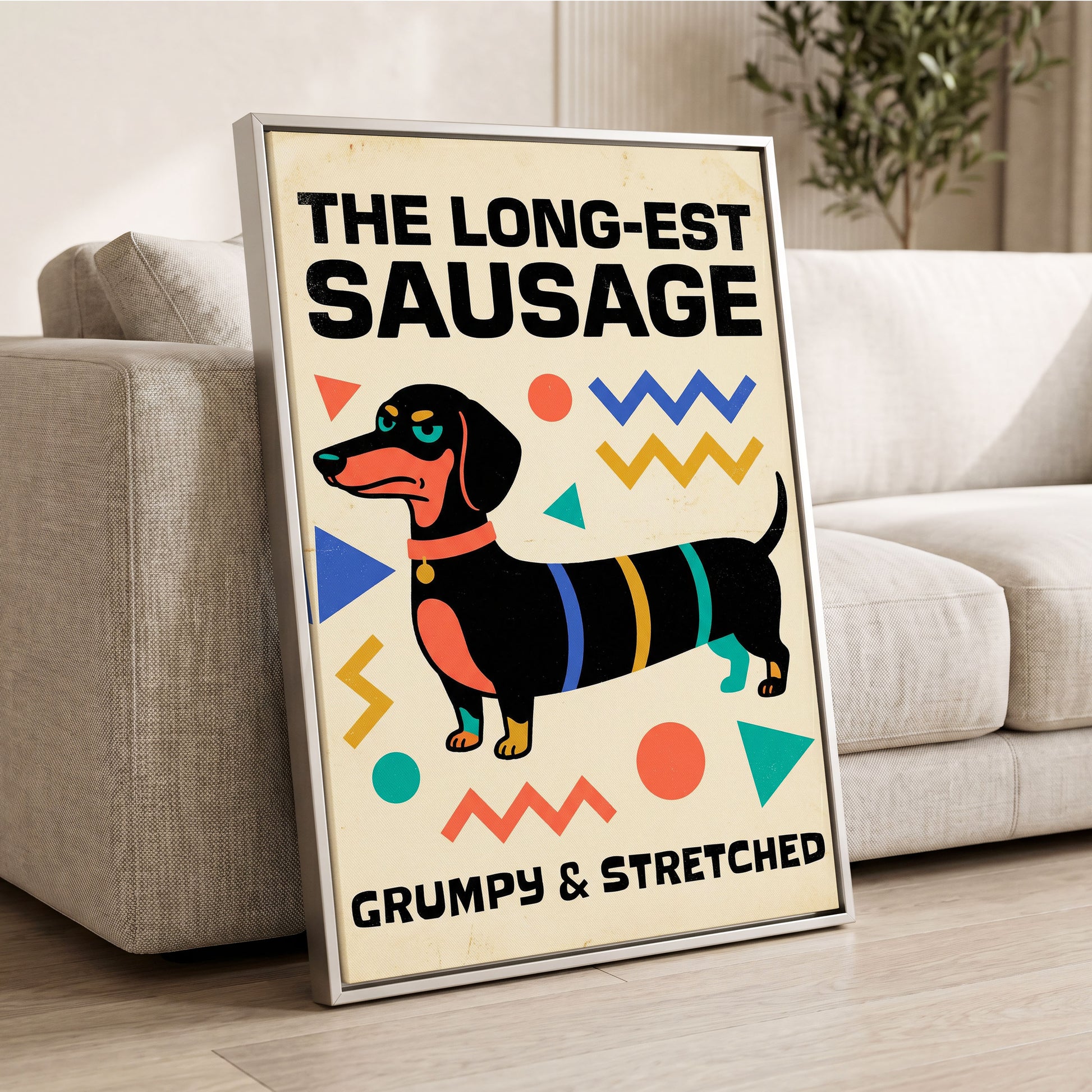 Grumpy & Stretched, beige, black, blue minimalist wall art displayed in a styled interior, gallery view 2