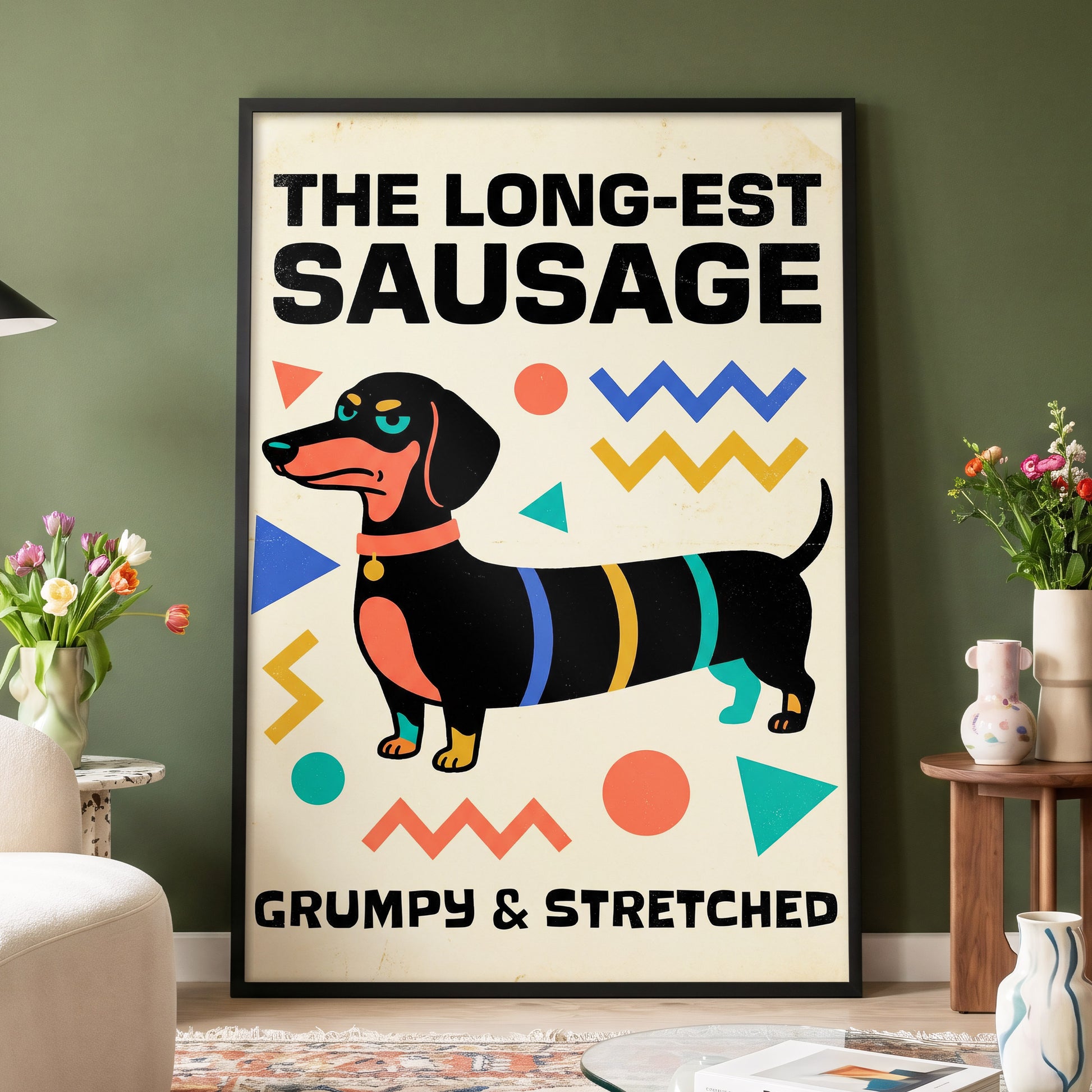 Grumpy & Stretched, beige, black, blue minimalist wall art displayed in a styled interior, gallery view 4