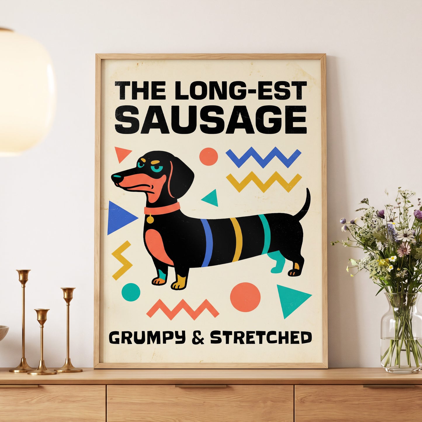 Grumpy & Stretched, beige, black, blue minimalist wall art displayed in a styled interior, gallery view 5