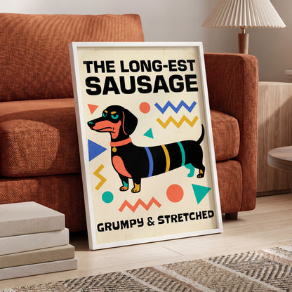 Grumpy & Stretched, beige, black, blue minimalist wall art displayed in a styled interior, gallery view 6