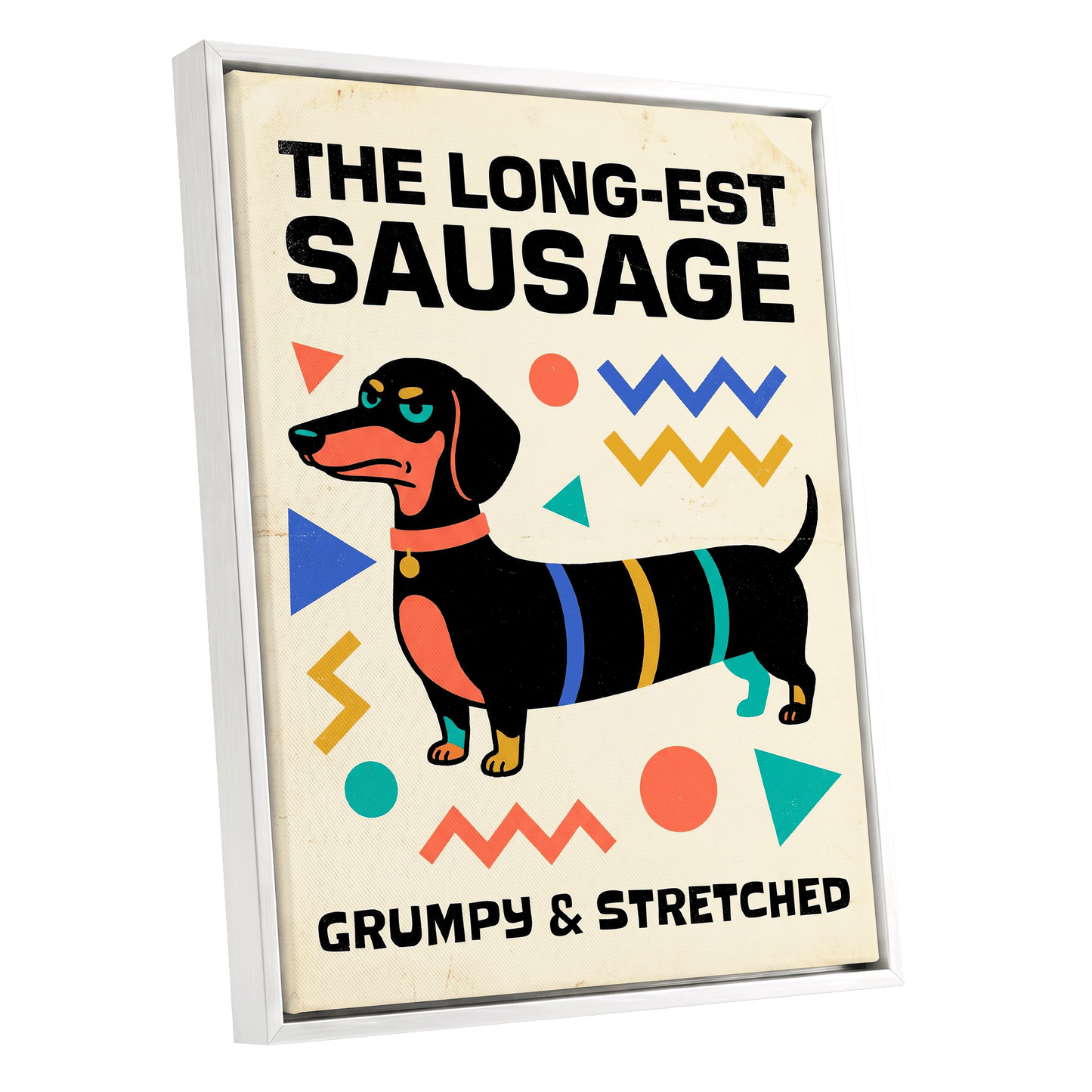 Grumpy & Stretched, beige, black, blue minimalist wall art shown as a white framed canvas wall art