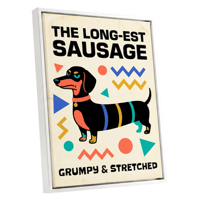 Grumpy & Stretched, beige, black, blue minimalist wall art shown as a white framed canvas wall art