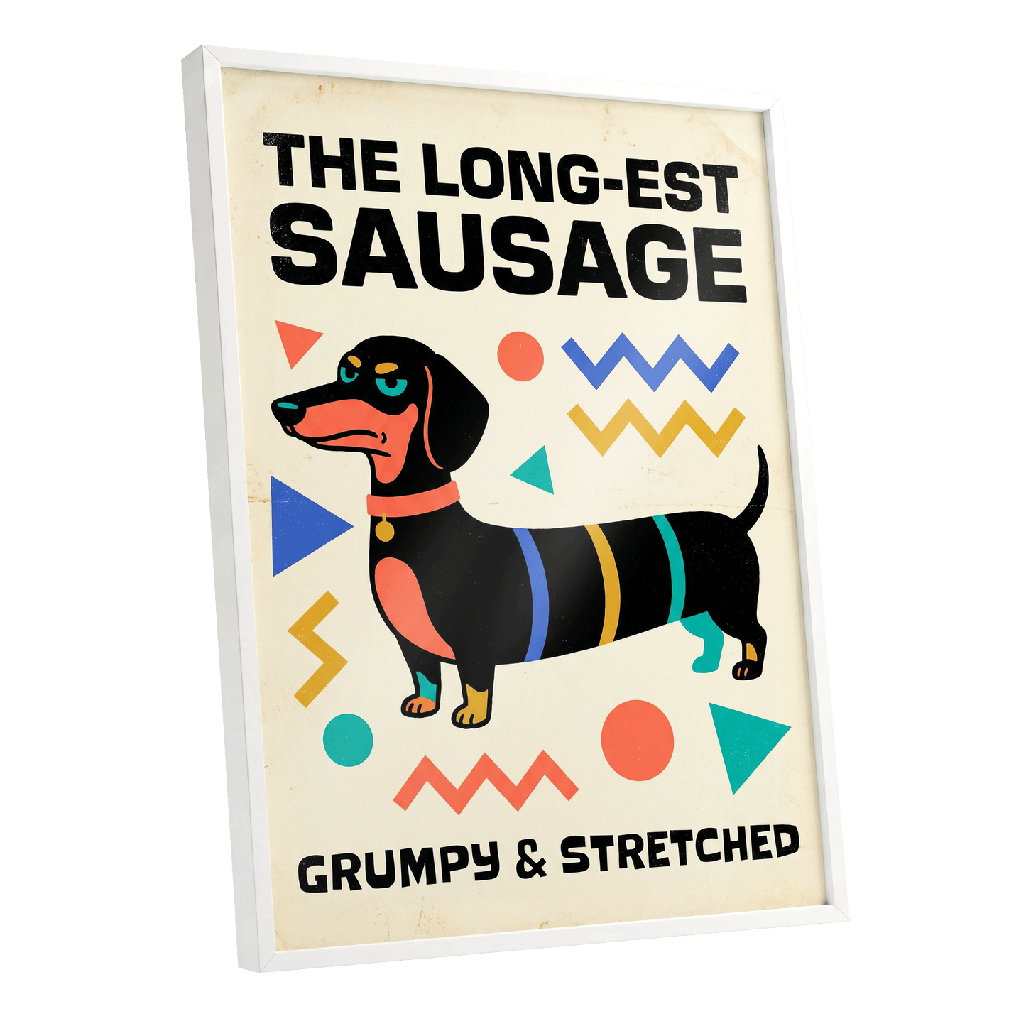Grumpy & Stretched, beige, black, blue minimalist wall art shown as a white framed poster wall art print