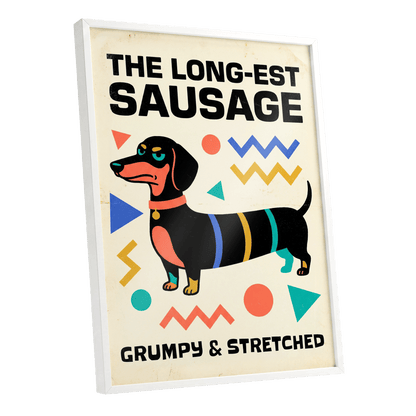 Grumpy & Stretched, beige, black, blue minimalist wall art shown as a white framed poster wall art print