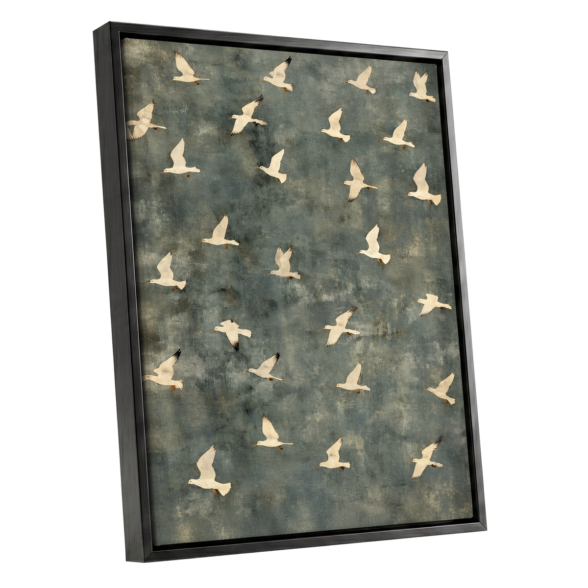Gulls in Quiet Flight, green, gray, beige nature wall art shown as a black framed canvas wall art