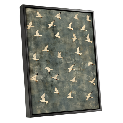 Gulls in Quiet Flight, green, gray, beige nature wall art shown as a black framed canvas wall art