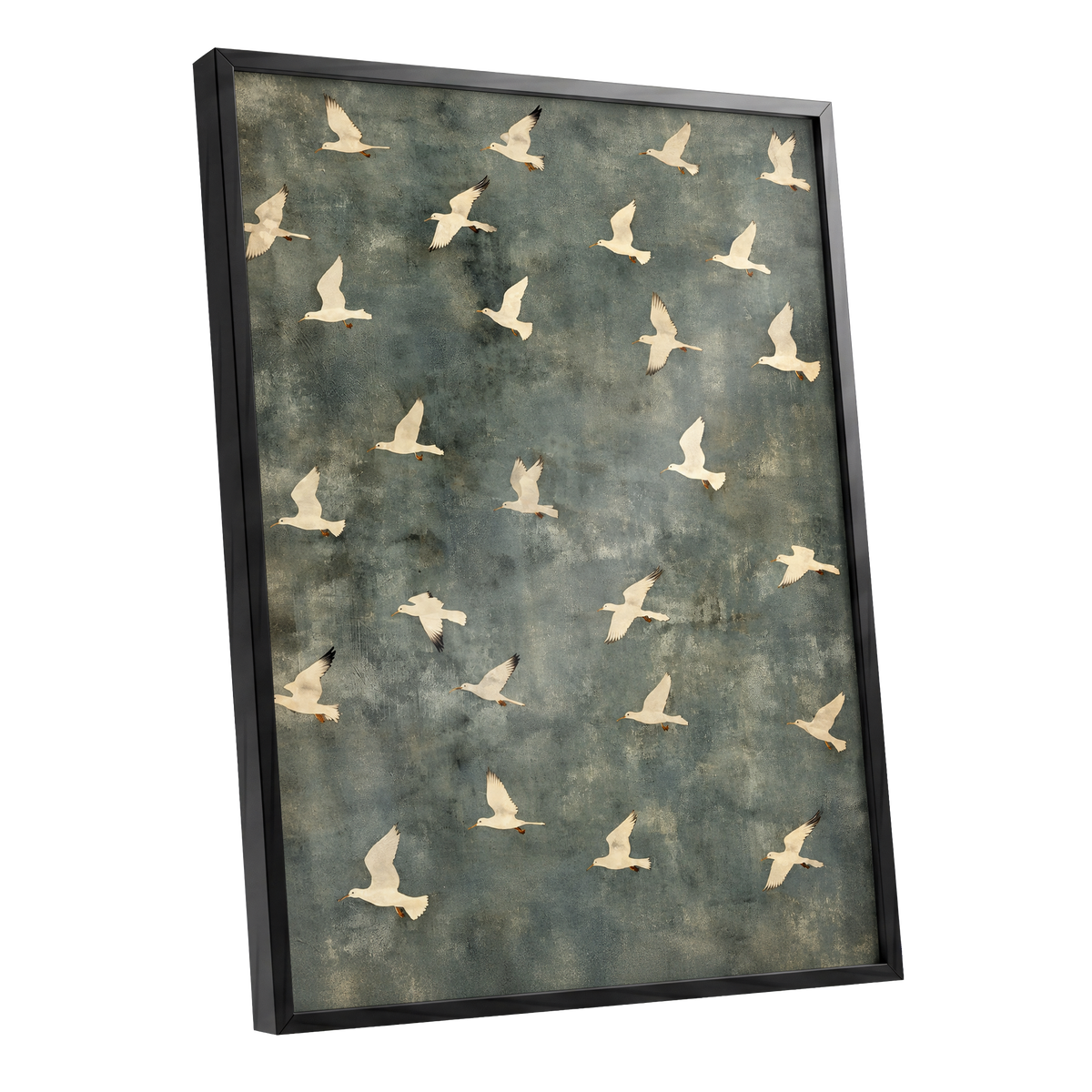 Gulls in Quiet Flight, green, gray, beige nature wall art shown as a black framed poster wall art print