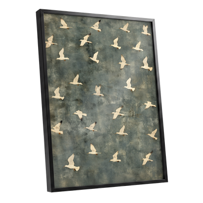 Gulls in Quiet Flight, green, gray, beige nature wall art shown as a black framed poster wall art print