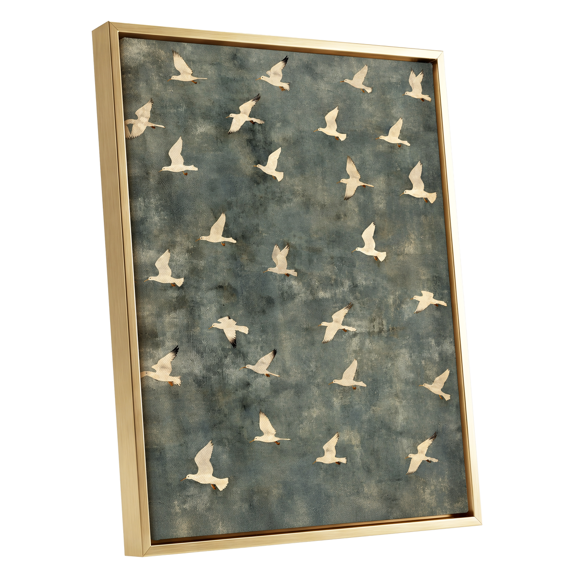Gulls in Quiet Flight, green, gray, beige nature wall art shown as a gold framed canvas wall art