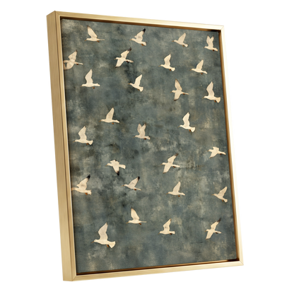 Gulls in Quiet Flight, green, gray, beige nature wall art shown as a gold framed canvas wall art