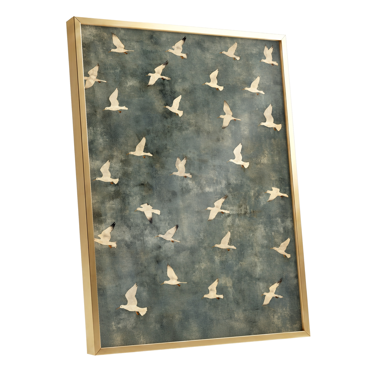 Gulls in Quiet Flight, green, gray, beige nature wall art shown as a gold framed poster wall art print