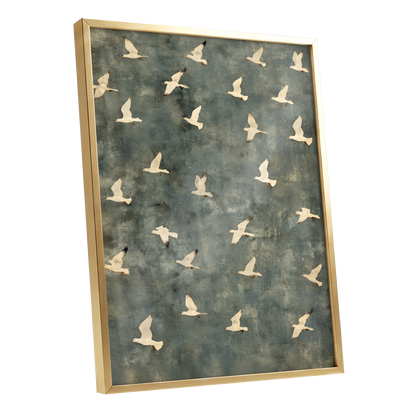 Gulls in Quiet Flight, green, gray, beige nature wall art shown as a gold framed poster wall art print