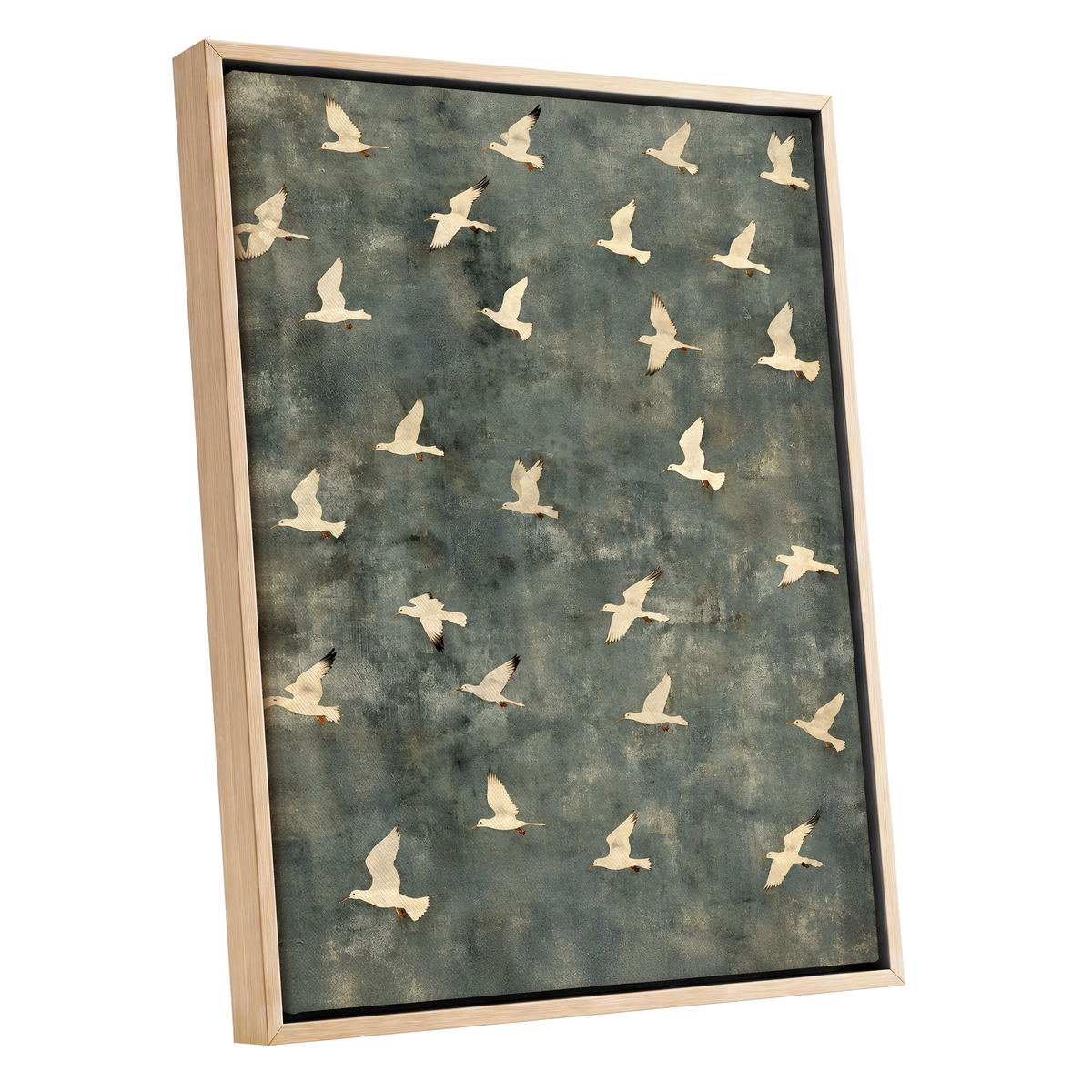 Gulls in Quiet Flight, green, gray, beige nature wall art shown as a oak framed canvas wall art