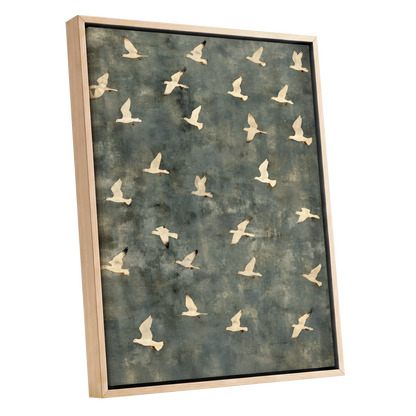 Gulls in Quiet Flight, green, gray, beige nature wall art shown as a oak framed canvas wall art