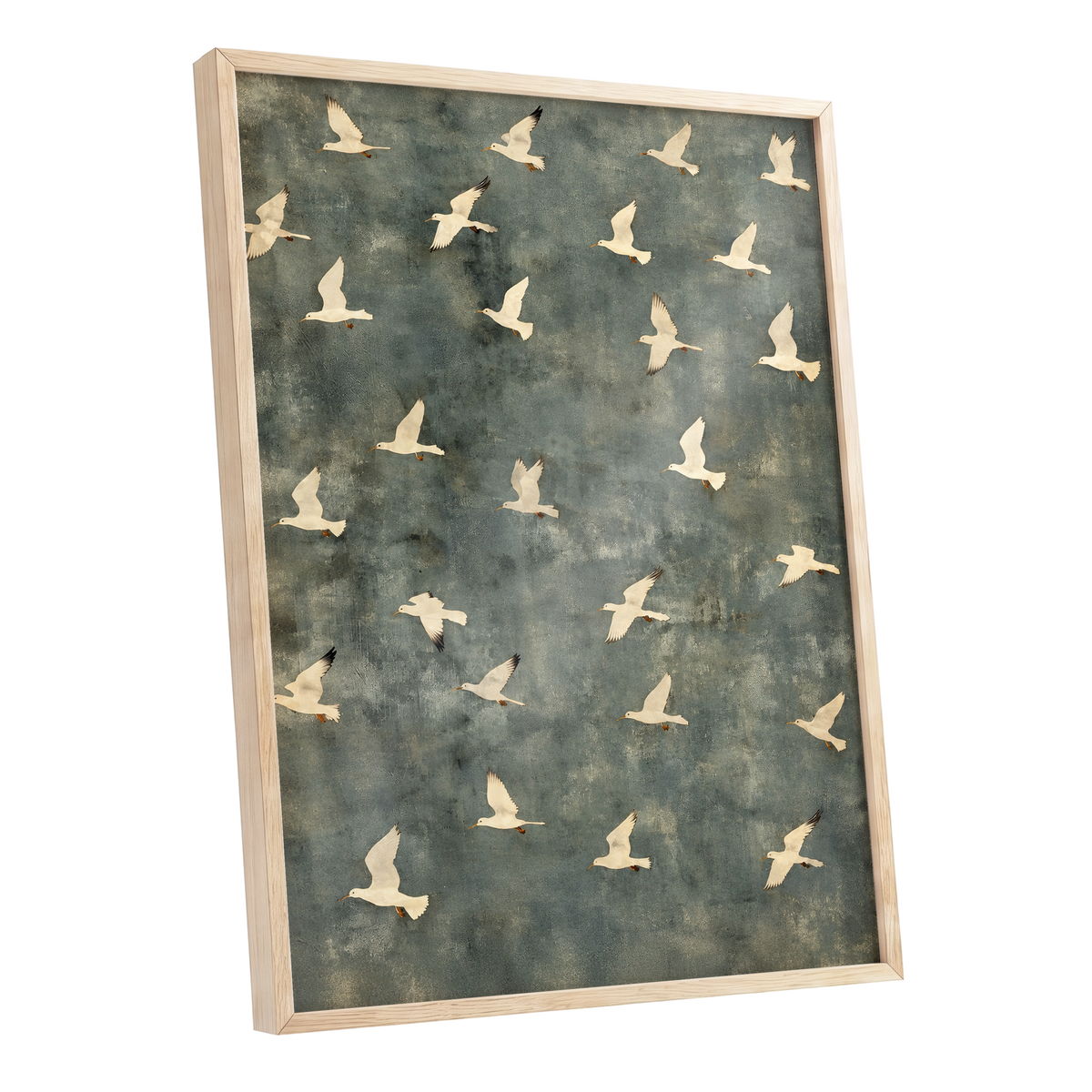 Gulls in Quiet Flight, green, gray, beige nature wall art shown as a oak framed poster wall art print