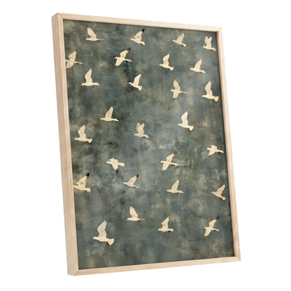 Gulls in Quiet Flight, green, gray, beige nature wall art shown as a oak framed poster wall art print