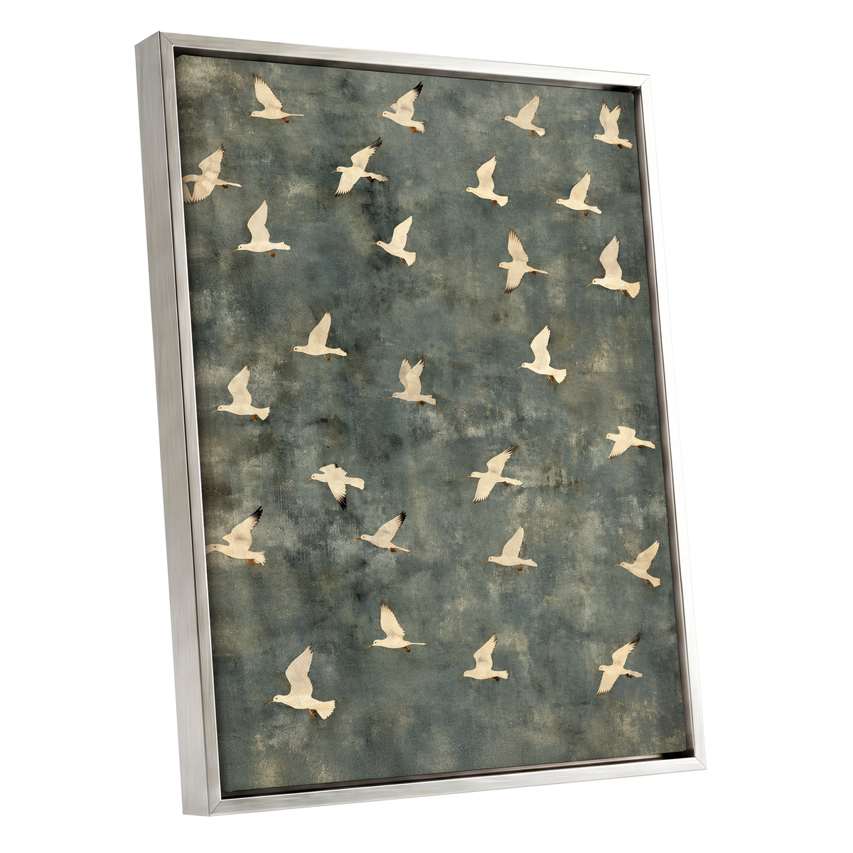 Gulls in Quiet Flight, green, gray, beige nature wall art shown as a silver framed canvas wall art