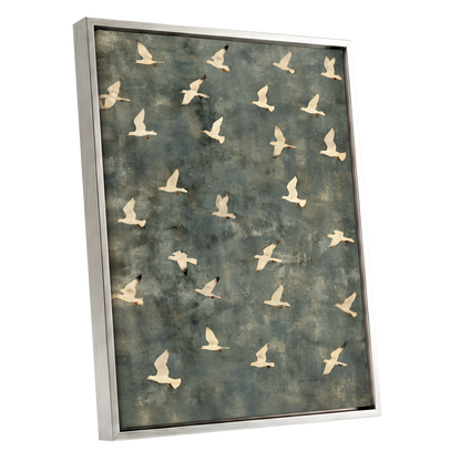 Gulls in Quiet Flight, green, gray, beige nature wall art shown as a silver framed canvas wall art