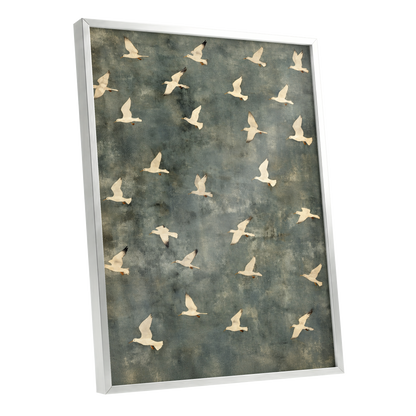 Gulls in Quiet Flight, green, gray, beige nature wall art shown as a silver framed poster wall art print