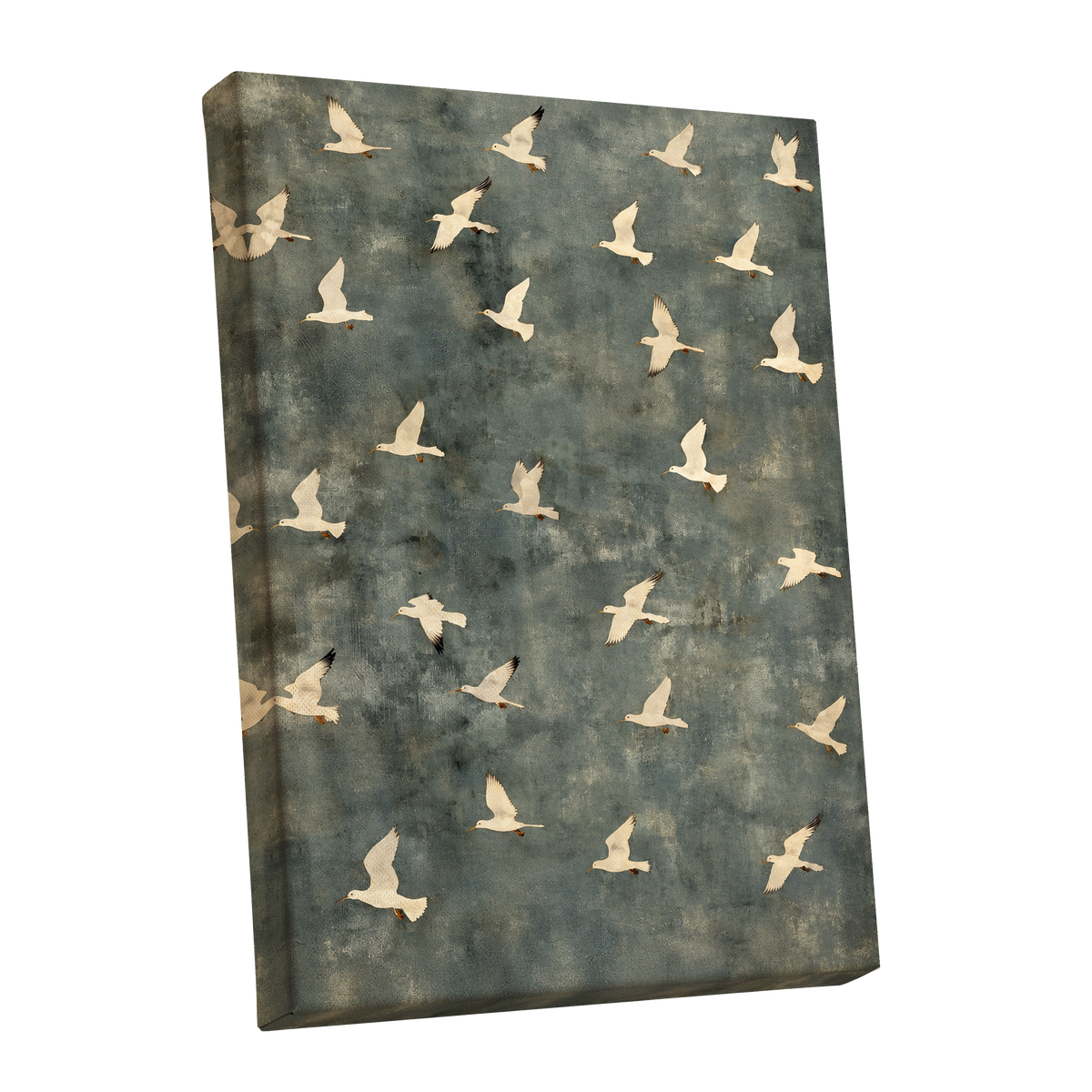Gulls in Quiet Flight, green, gray, beige nature wall art shown as a stretched canvas wall art