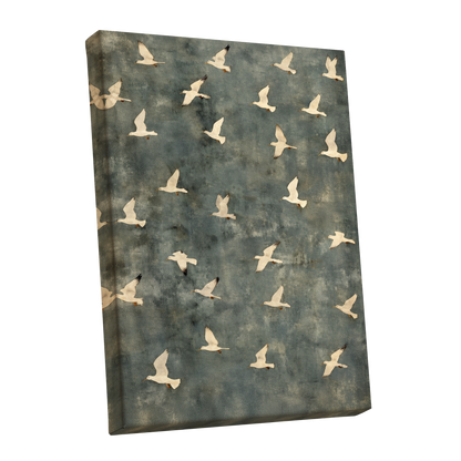 Gulls in Quiet Flight, green, gray, beige nature wall art shown as a stretched canvas wall art