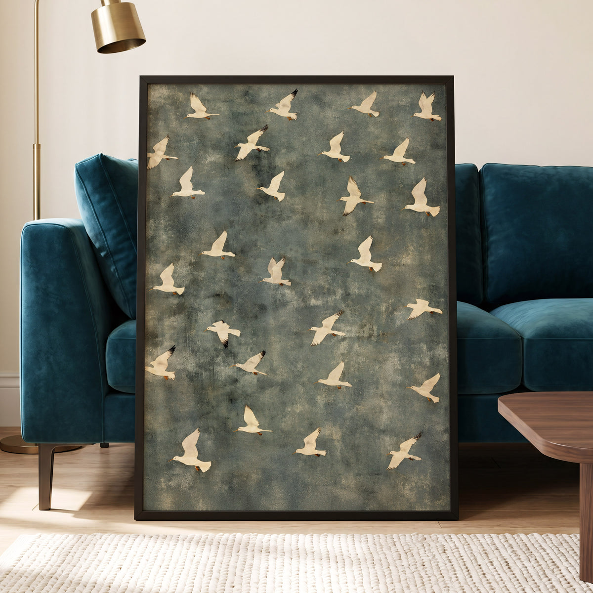 Gulls in Quiet Flight, green, gray, beige nature wall art displayed in a styled interior, gallery view 2