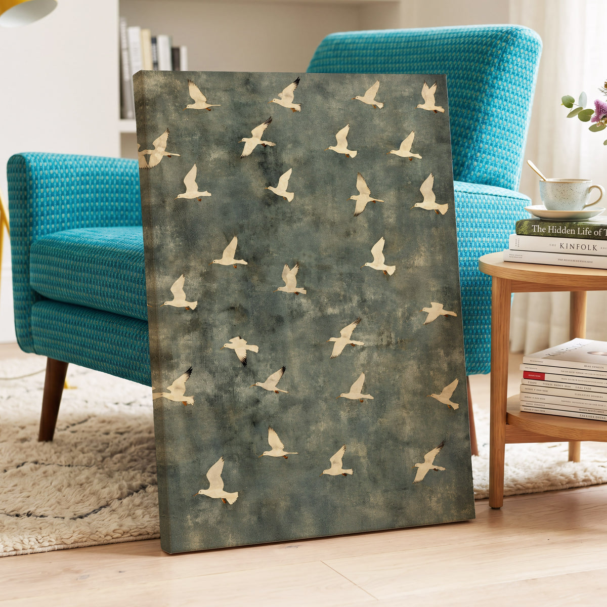 Gulls in Quiet Flight, green, gray, beige nature wall art displayed in a styled interior, gallery view 3