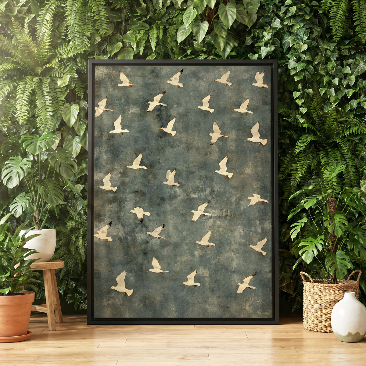 Gulls in Quiet Flight, green, gray, beige nature wall art displayed in a styled interior, gallery view 4