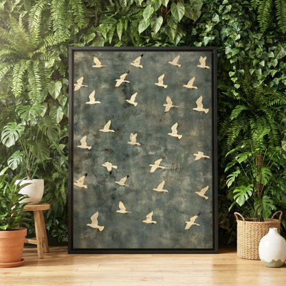 Gulls in Quiet Flight, green, gray, beige nature wall art displayed in a styled interior, gallery view 4